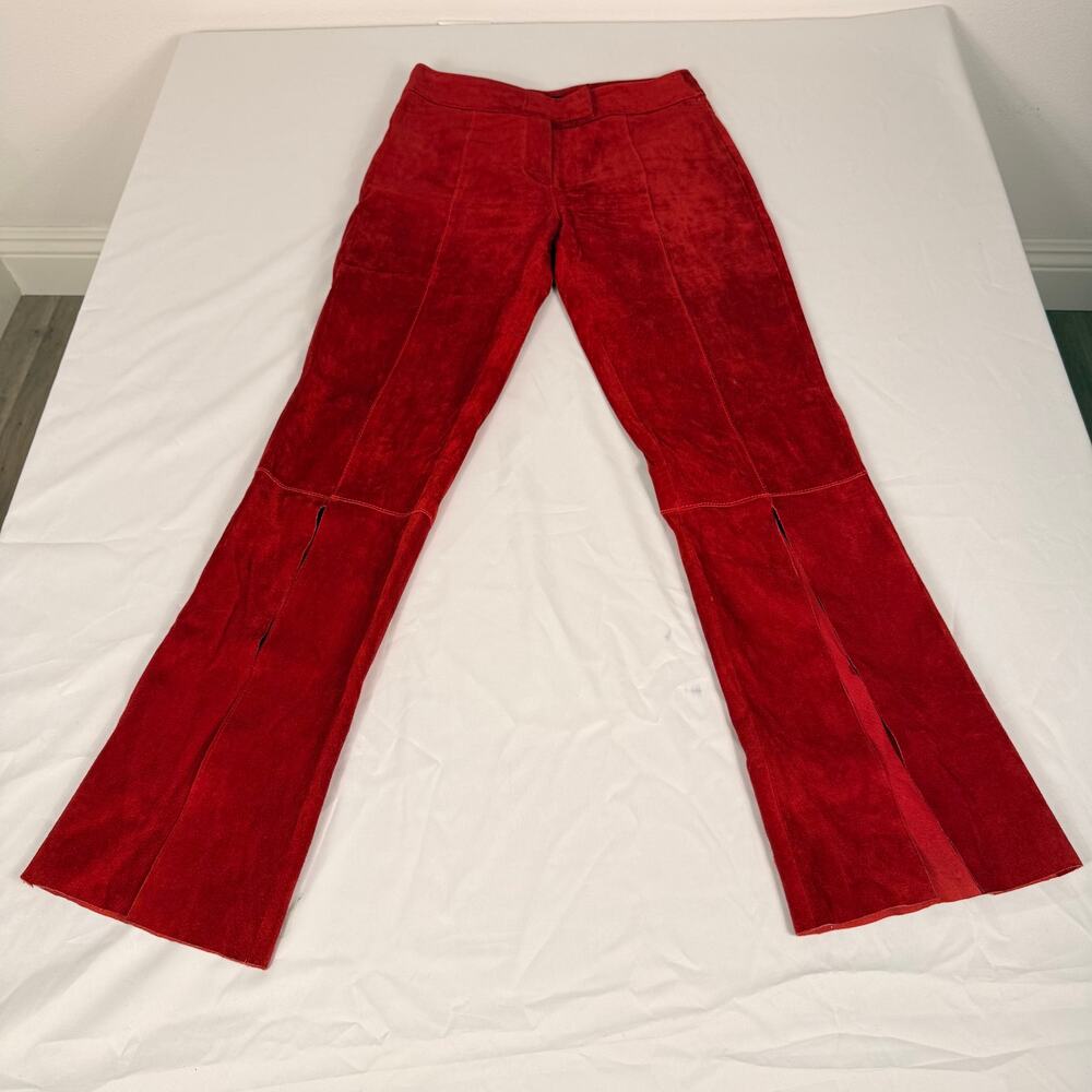 Theory Red Genuine Suede Leather Flare Pants Size M Y2K Split Hemd